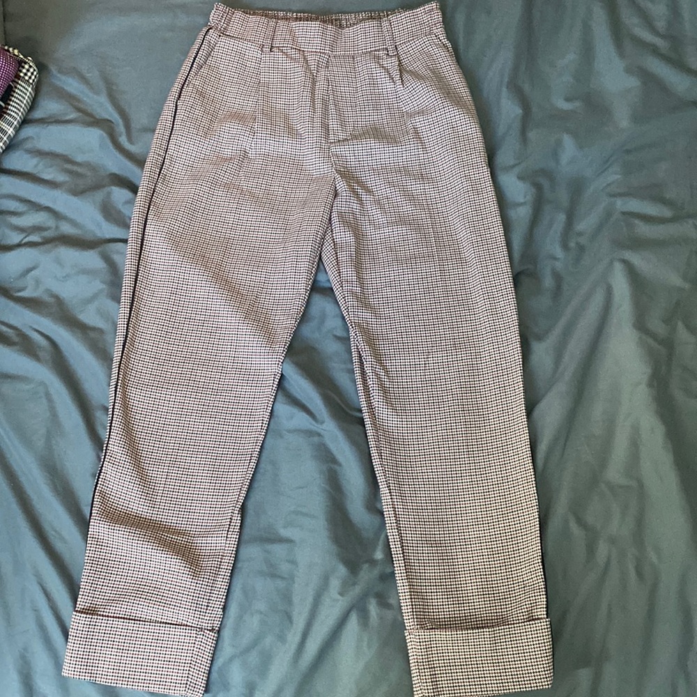 Bershka Women's Plaid Pants Elastic Waist Casual Work Office Long Trousers